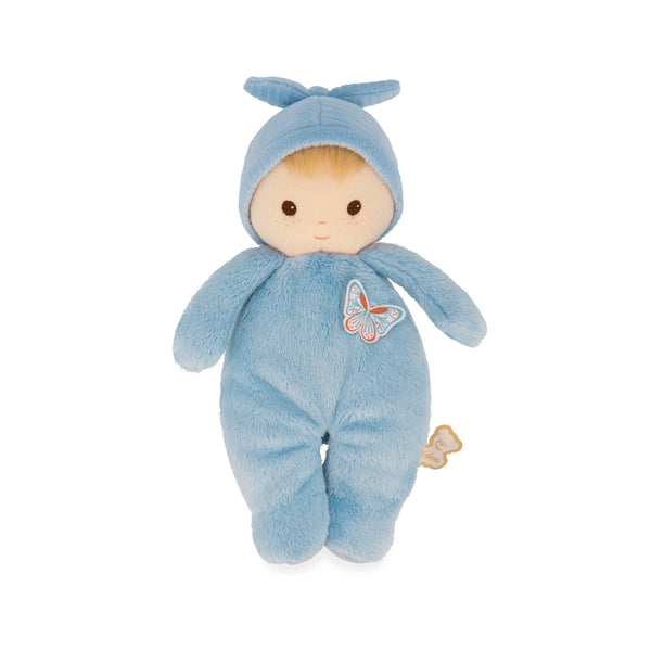 Plush toy baby doll in a blue outfit with a butterfly design on a white background