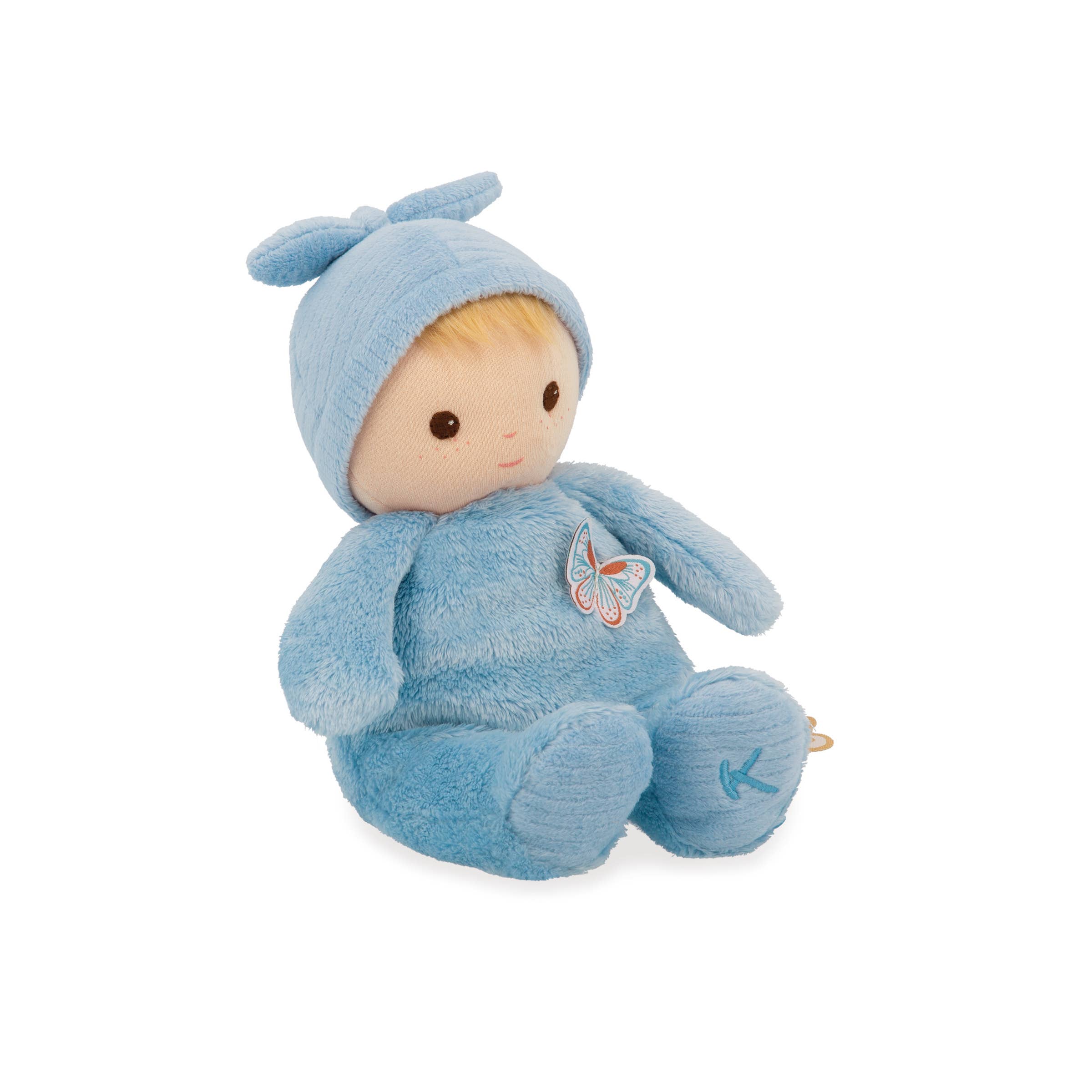 Blue plush toy with a hood and butterfly patch on a white background