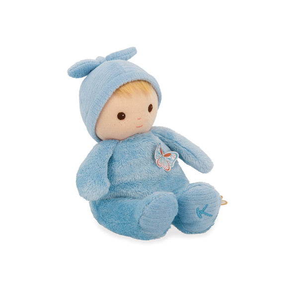 Blue plush toy with a hood and butterfly patch on a white background