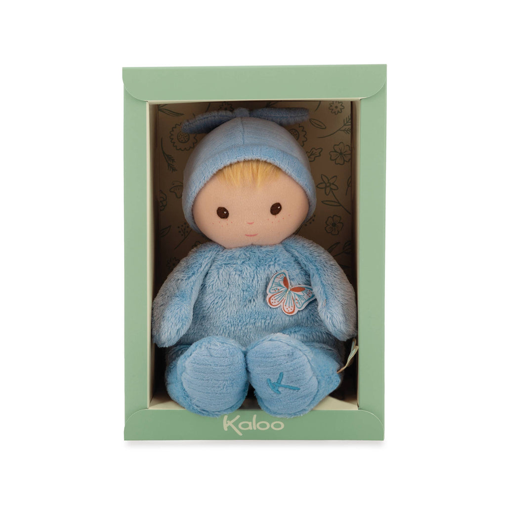 Blue plush toy with a butterfly design in a green box, featuring the brand 'Kaloo'.