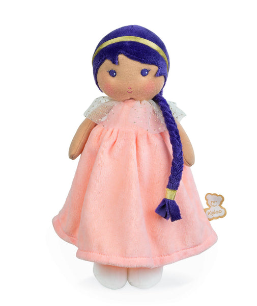 Toy doll with purple hair and a pink dress on a white background
