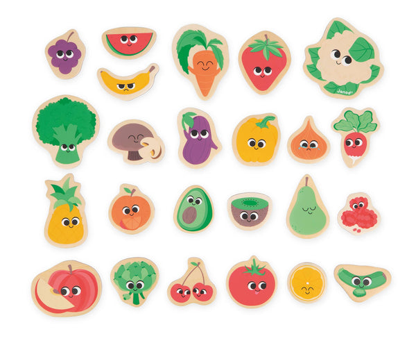 Set of colorful wooden fruit and vegetable toys on a white background