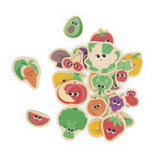 Wooden puzzle with colorful fruits and vegetables on a white background