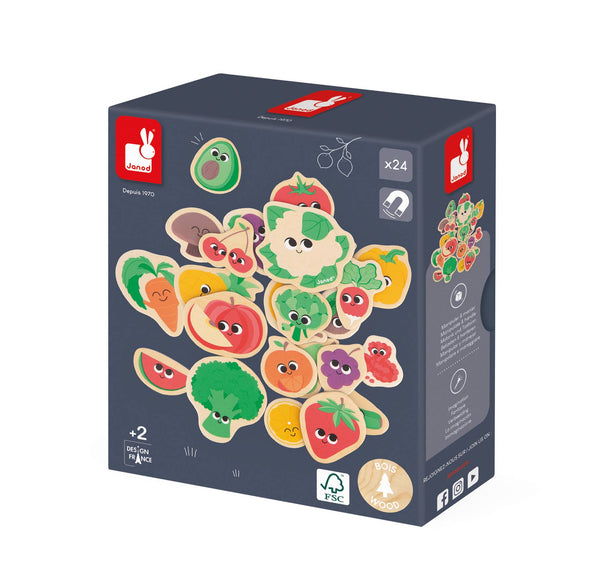 Box of wooden fruit and vegetable toys with colorful illustrations on a white background