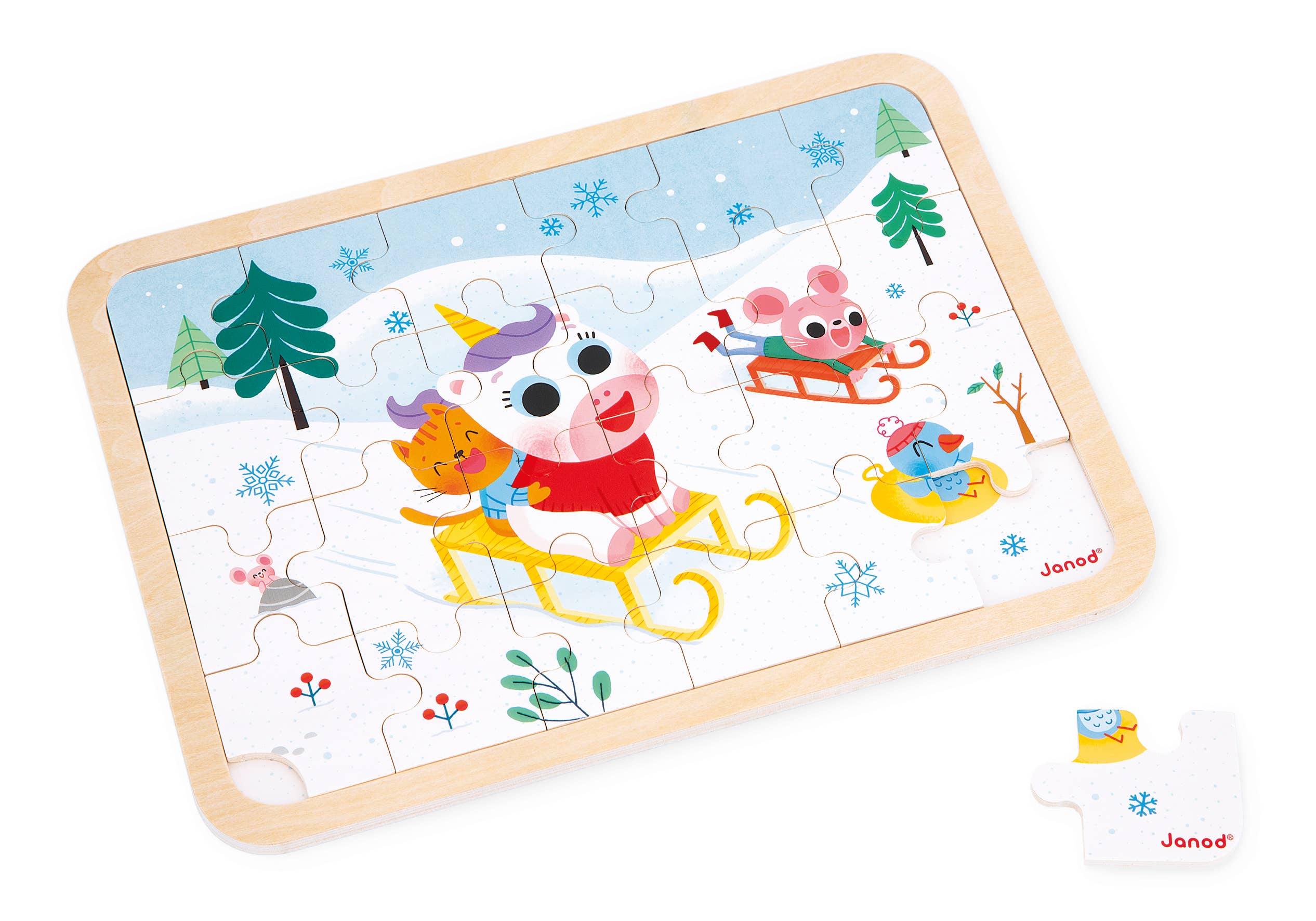 Children's puzzle with a winter scene featuring animals on a white background