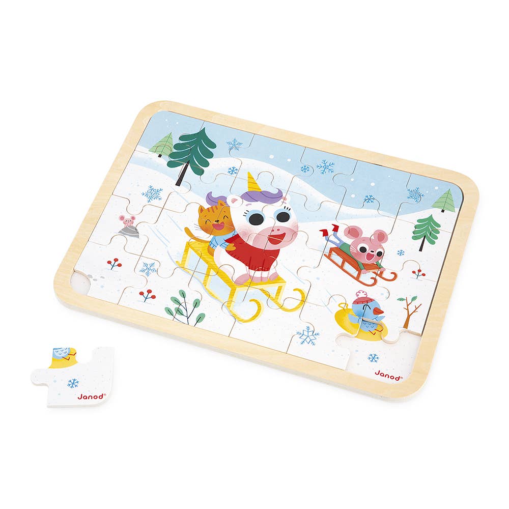 Children's puzzle with winter scene and cartoon animals on a white background