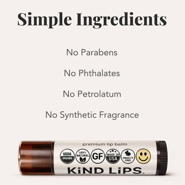 Lip balm with 'Kind Lips' branding and ingredient information on a white background