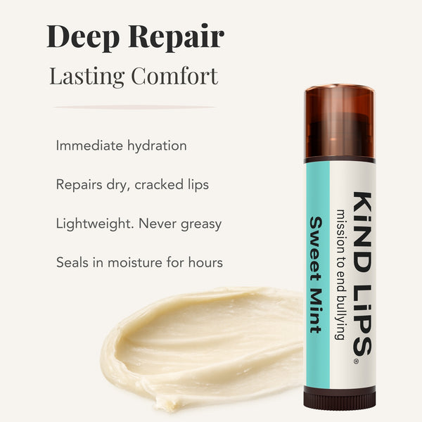 Kind Lips Sweet Mint lip balm with product description on a white background