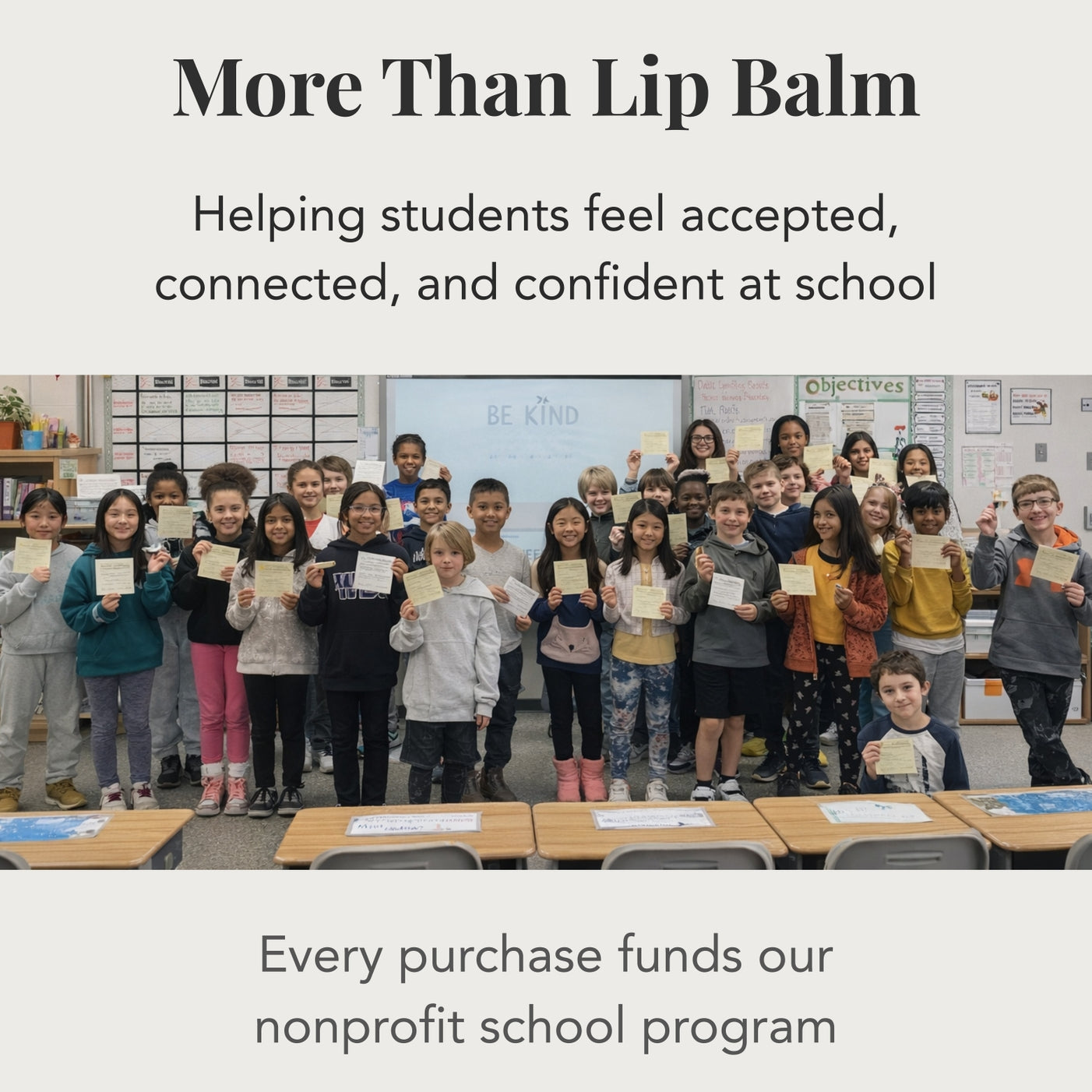 Children holding certificates in a classroom with text about a nonprofit school program.