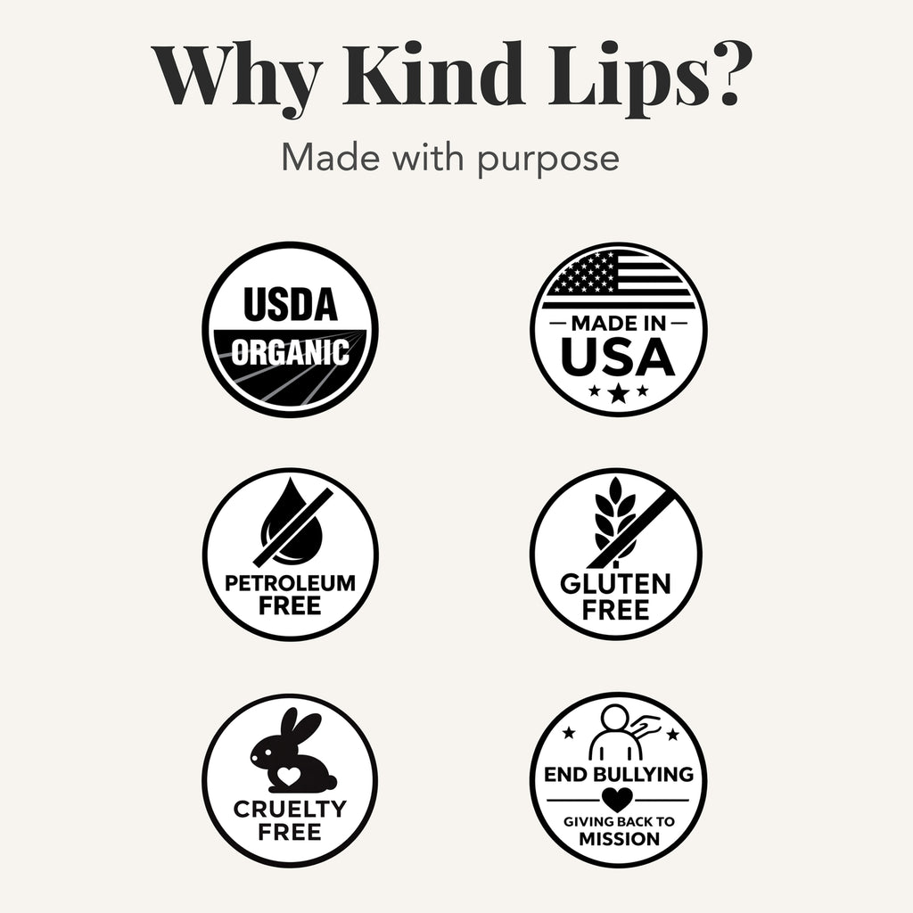 Collection of certification logos for Kind Lips products on a white background.