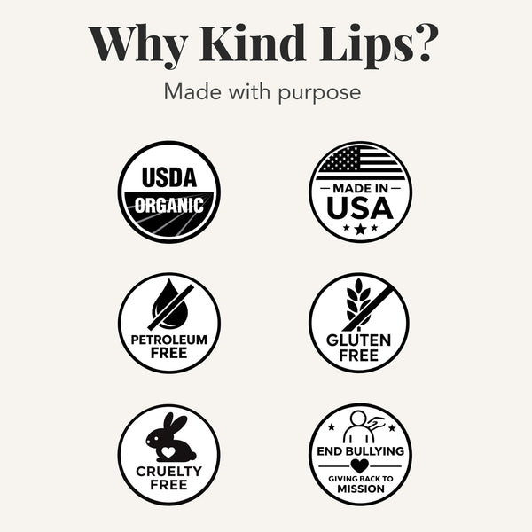 Collection of certification logos for Kind Lips products on a white background.
