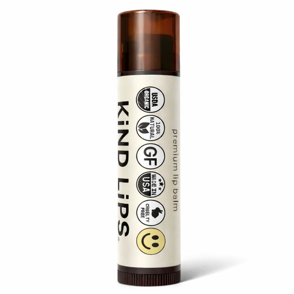 Lip balm with a white label featuring certification logos on a white background