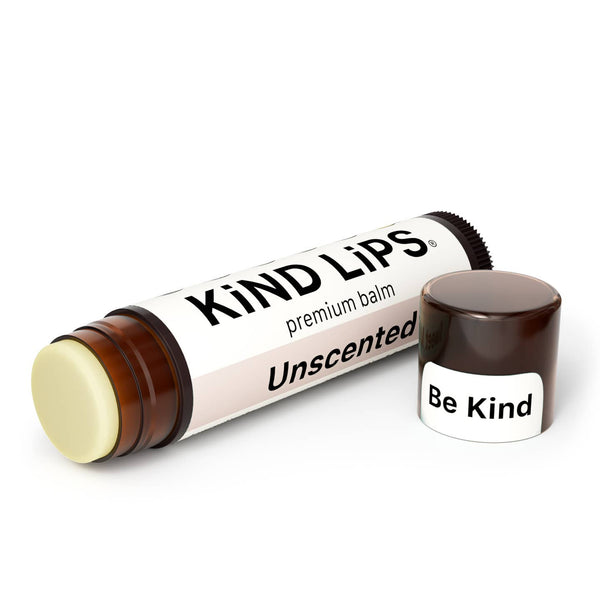KiND LIPS unscented premium balm with a visible 'Be Kind' message on a white background
