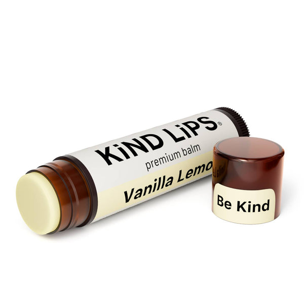KiND LIPS Vanilla Lemo lip balm with 'Be Kind' message on a white background
