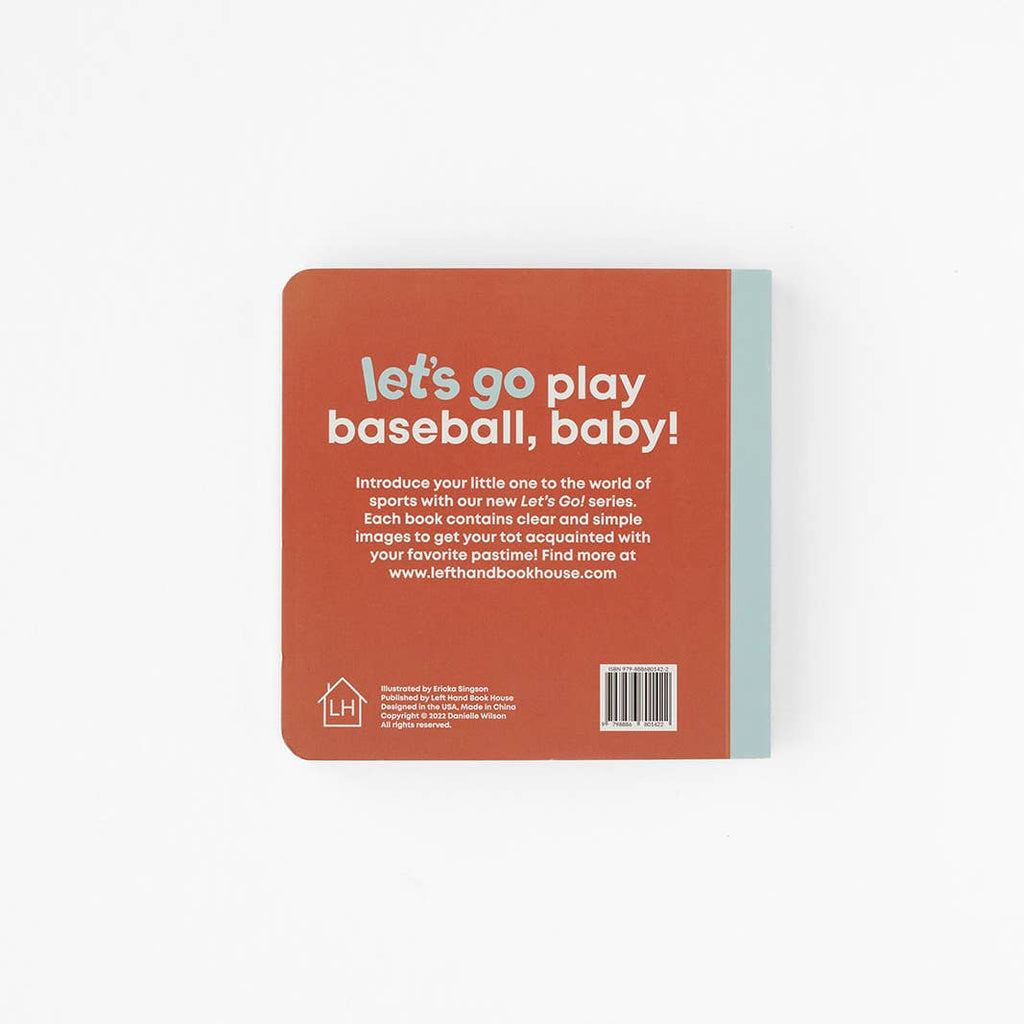 Book cover with text 'let's go play baseball, baby!' on a white background