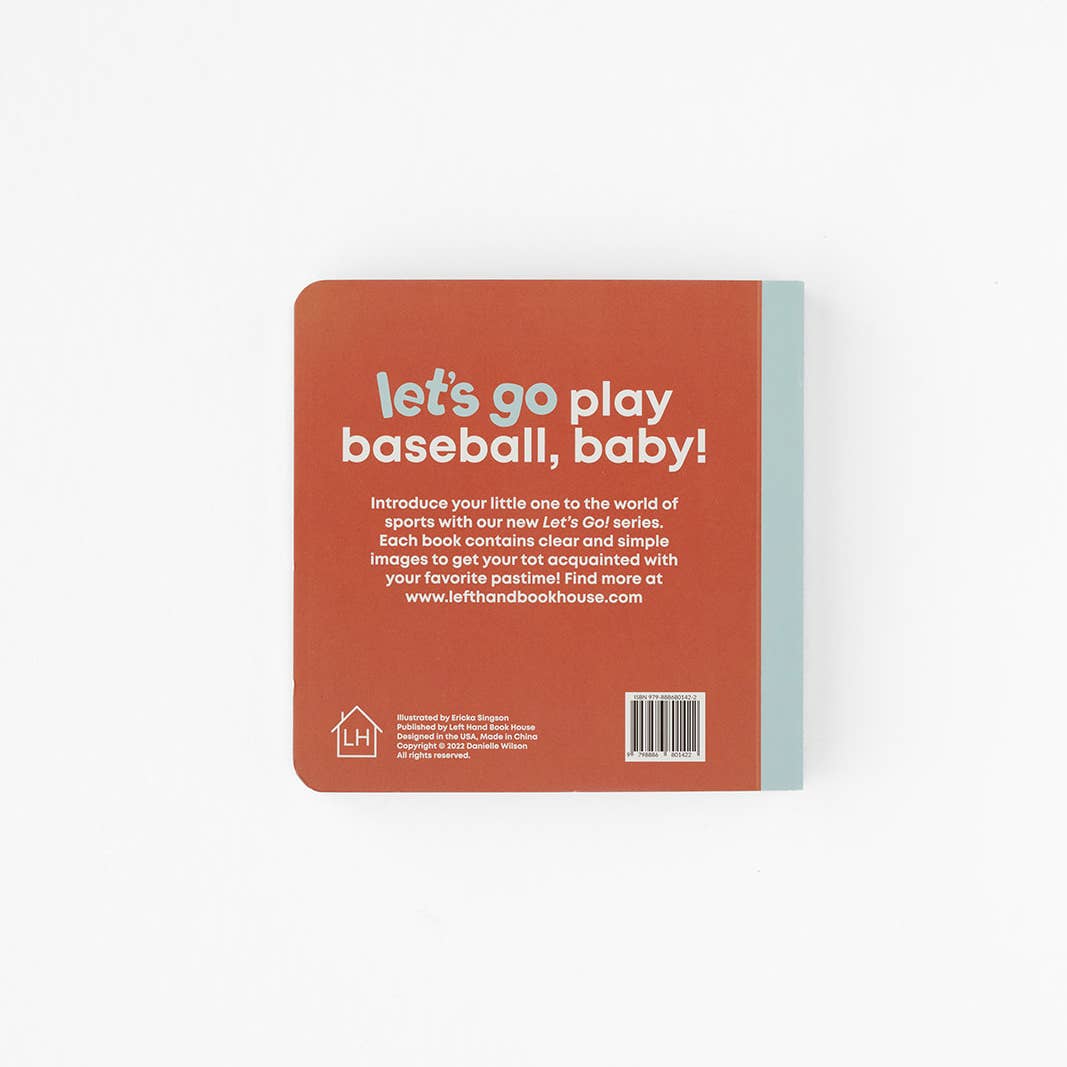 Book cover with text 'let's go play baseball, baby!' on a white background