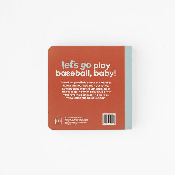 Book cover with text 'let's go play baseball, baby!' on a white background