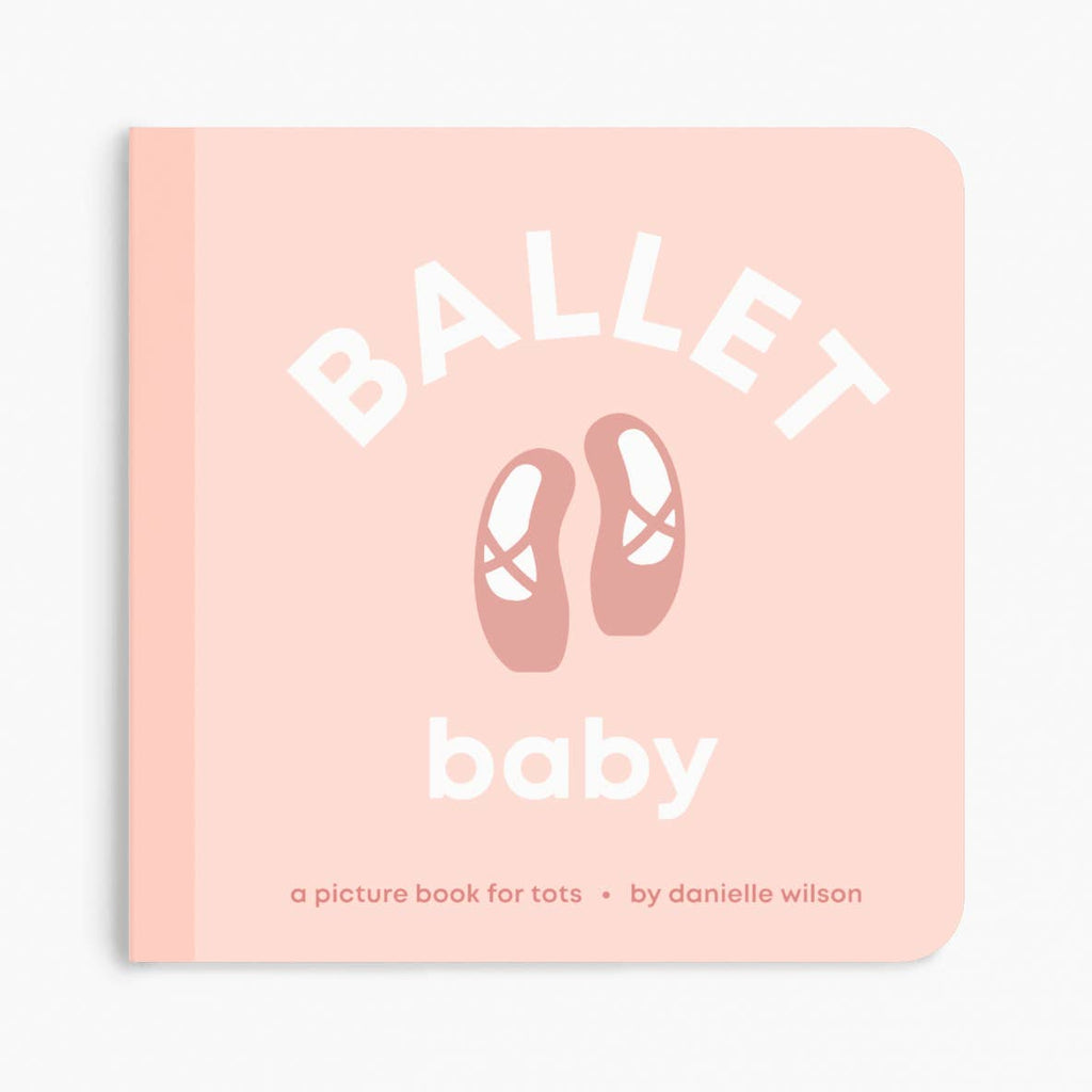 Book titled 'Ballet Baby' with ballet shoes illustration on a pink background