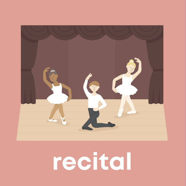 Illustration of children on a stage with the word 'recital' below.