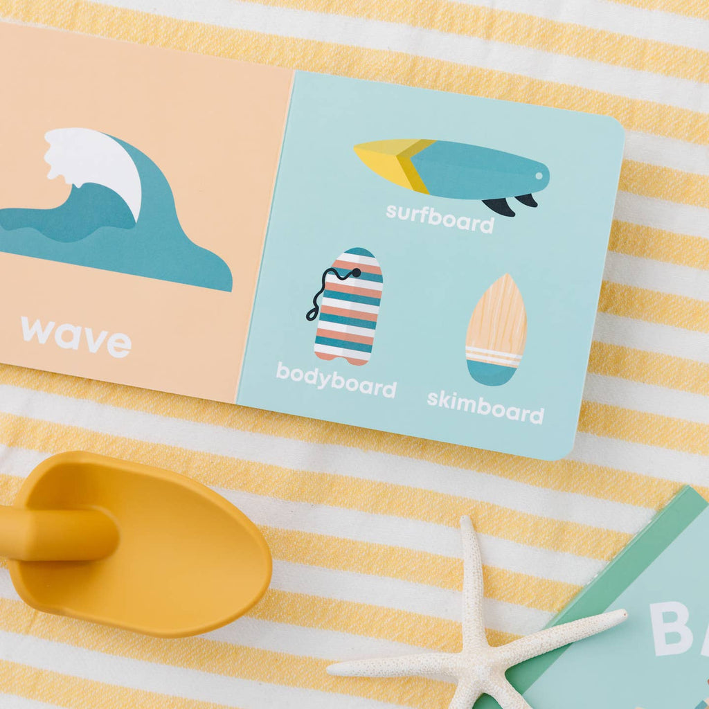 Educational cards with beach-themed illustrations on a striped background