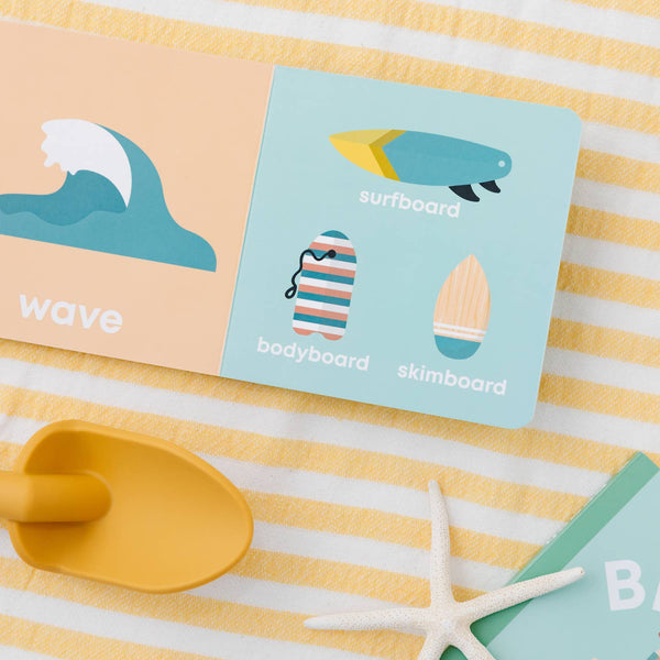 Educational cards with beach-themed illustrations on a striped background