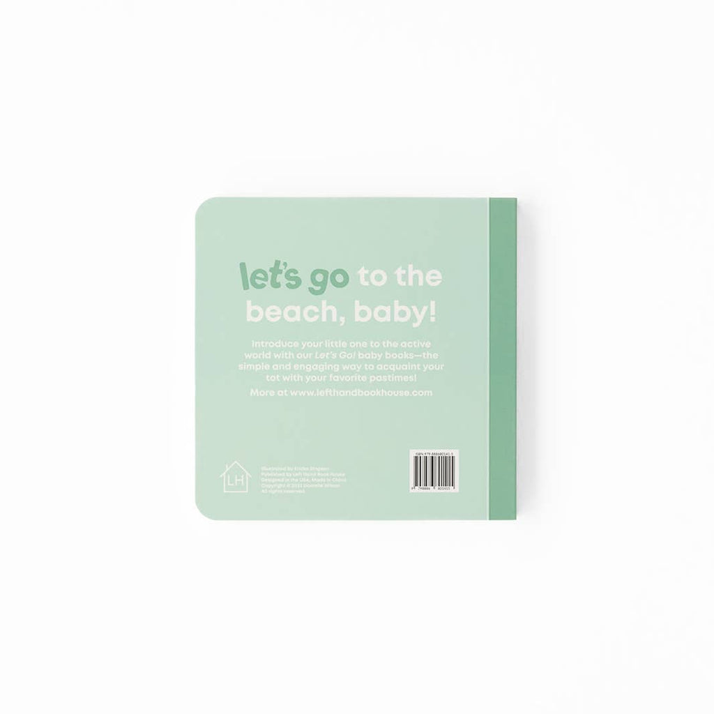 Mint green book with text 'let's go to the beach, baby!' on a white background