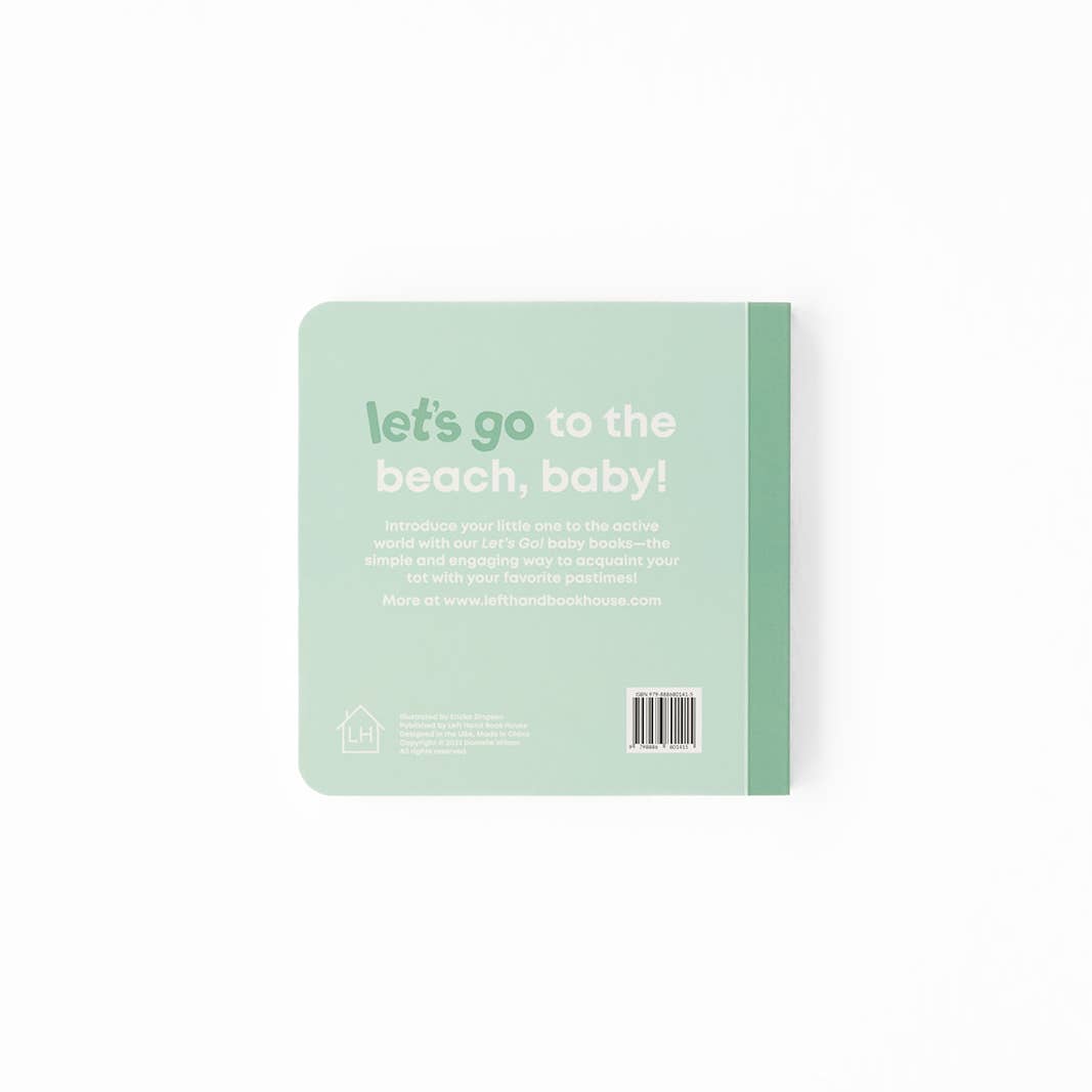 Mint green book with text 'let's go to the beach, baby!' on a white background