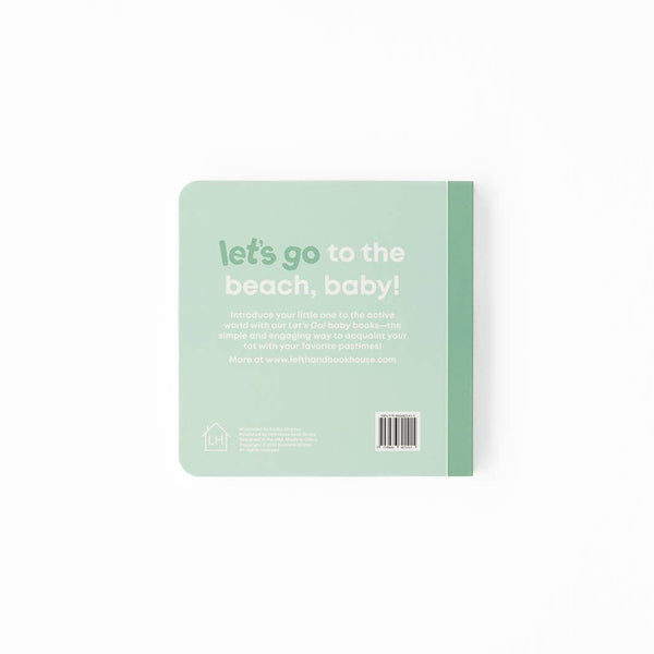 Mint green book with text 'let's go to the beach, baby!' on a white background