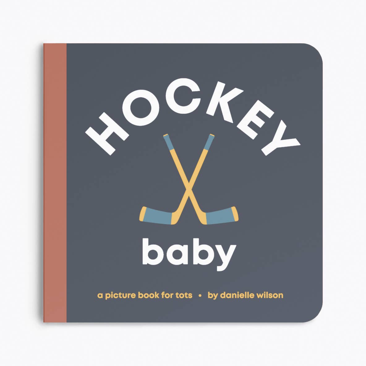 Book titled 'Hockey Baby' with hockey sticks on a dark blue background