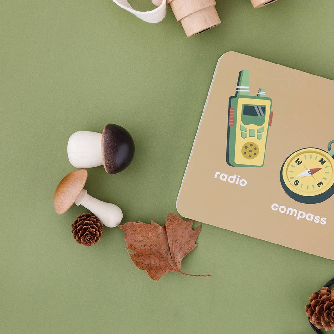 Wooden mushrooms, pine cone, and leaf on a green surface with a card featuring a radio and compass illustration.