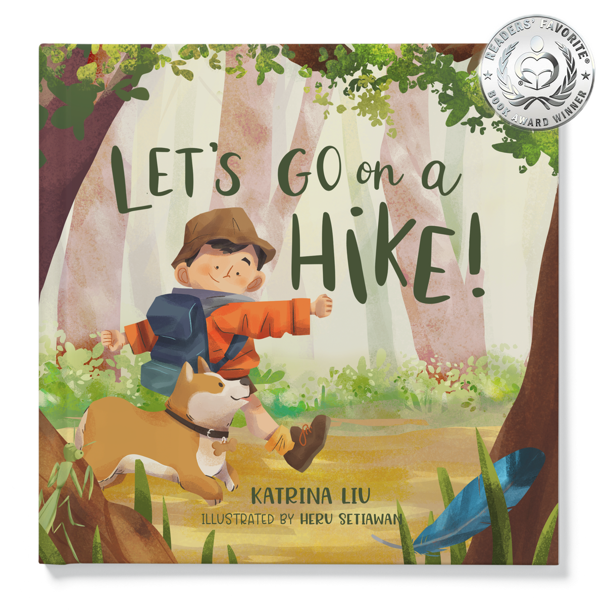 Children's board book titled "Let's Go on a Hike!" by Katrina Liu, illustrated by Heru Setiawan, featuring a colorful illustration of a boy hiking with a dog in a forest. A Silver Medal from the National Book Award for Children is displayed in the top right corner.