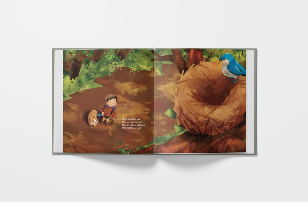 An open illustrated book or art print displayed against a light gray background. The two-page spread shows a woodland scene with a small child-like figure on a path, a large brown nest, and a blue bird perched on the nest.