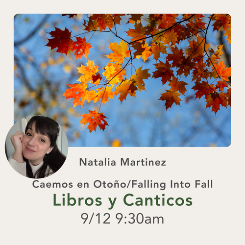 Promotional graphic for a Spanish book and song listing titled 'Caemos en Otoño / Falling Into Fall' by Natalia Martinez, dated 9/12 at 9:30am. The top portion shows a photo of autumn maple leaves in red, orange, and yellow against a blue sky.