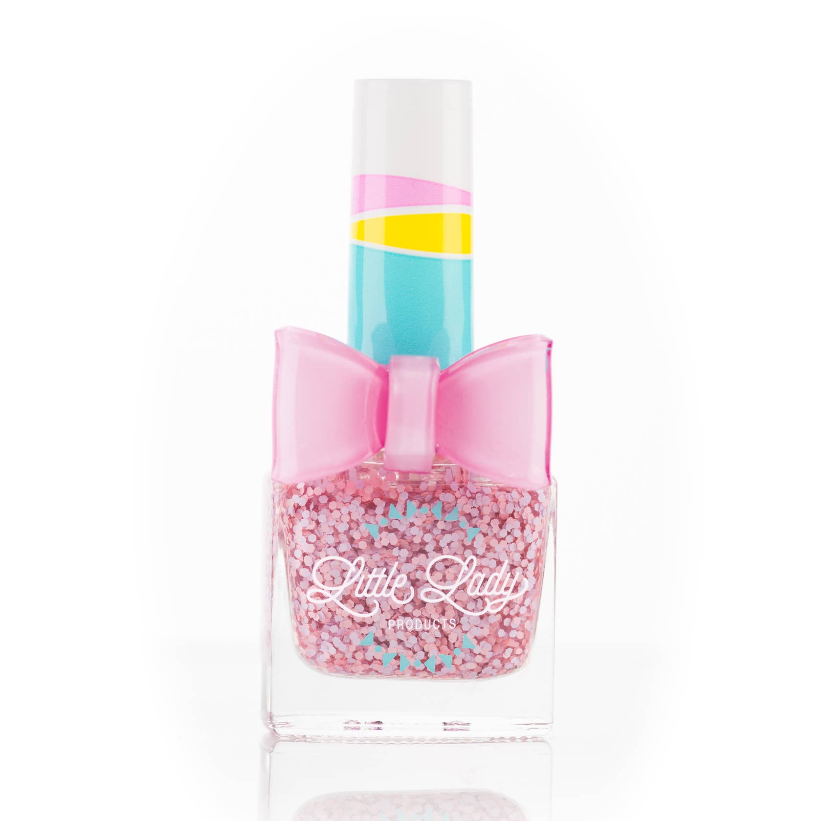 A bottle of Little Lady Nail Polish in the Pink Glitter shade, featuring a large pink bow on the bottle, filled with pink glitter. The cap has colorful stripes in pink, yellow, and light blue, and the brand name 'Little Lady' is printed on the front.