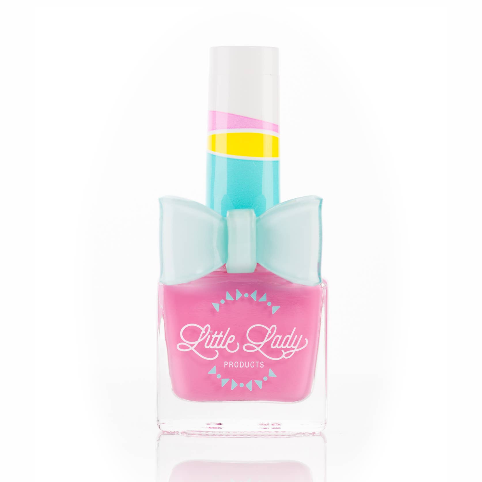 A bottle of nail polish with a pastel pink base, a large light blue bow on the front, and a striped cap in white, pink, yellow, and light blue. The label reads 'Little Lady Products'.