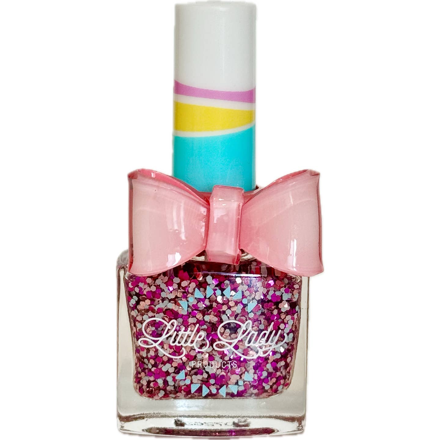 Nail polish bottle with colorful design and pink bow on a white background