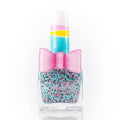 Nail polish bottle with a colorful design and bow on a white background