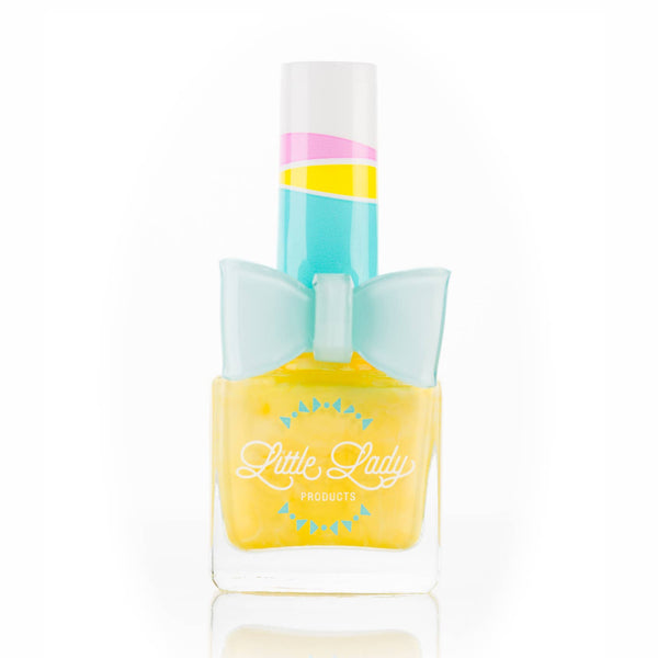 Nail polish bottle with colorful design and 'Little Lady' branding on a white background