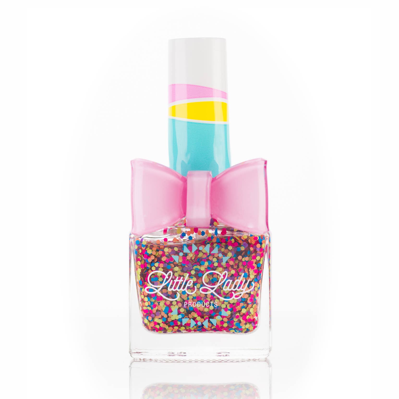 Colorful nail polish bottle with a pink bow and 'Little Lady' branding on a white background