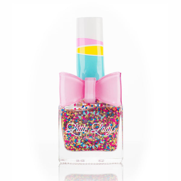 Colorful nail polish bottle with a pink bow and 'Little Lady' branding on a white background