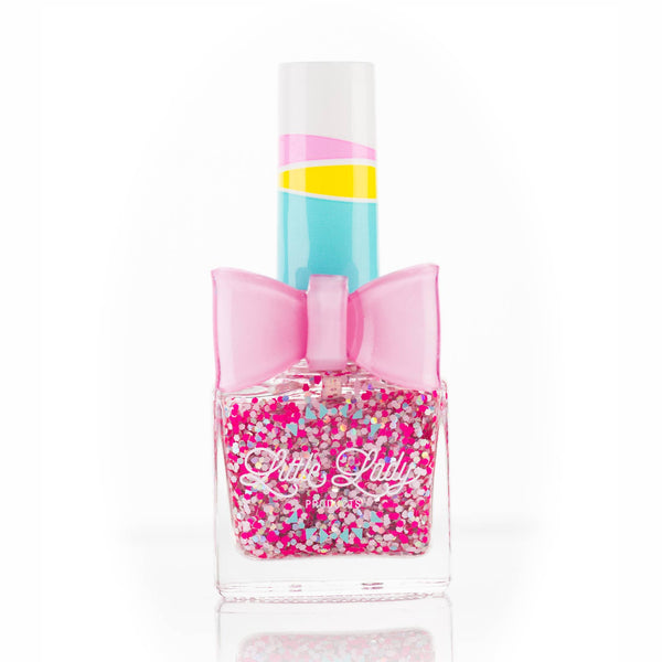 Nail polish bottle with pink glittery design and visible brand name on a white background