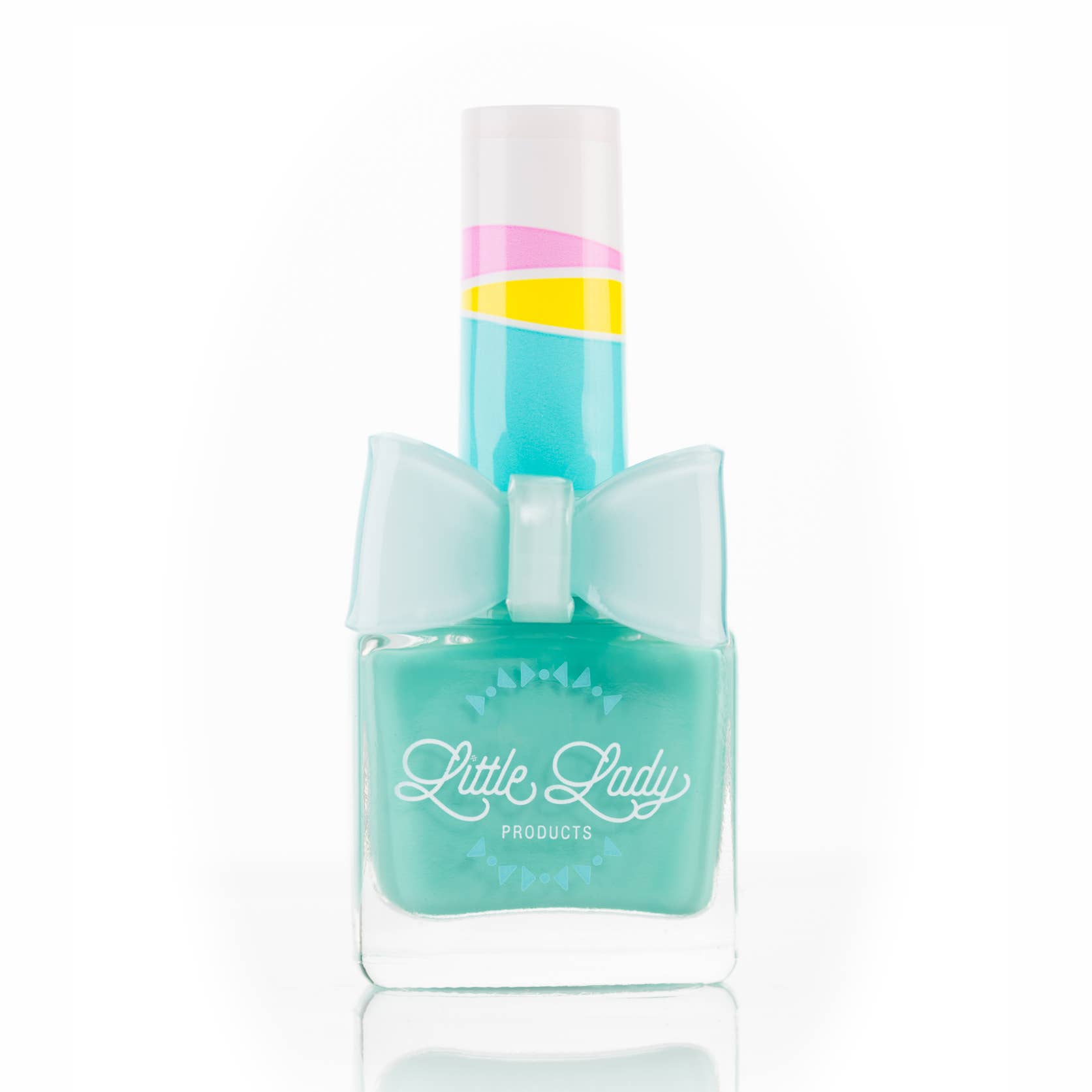Turquoise nail polish bottle with a bow and 'Little Lady' branding on a white background