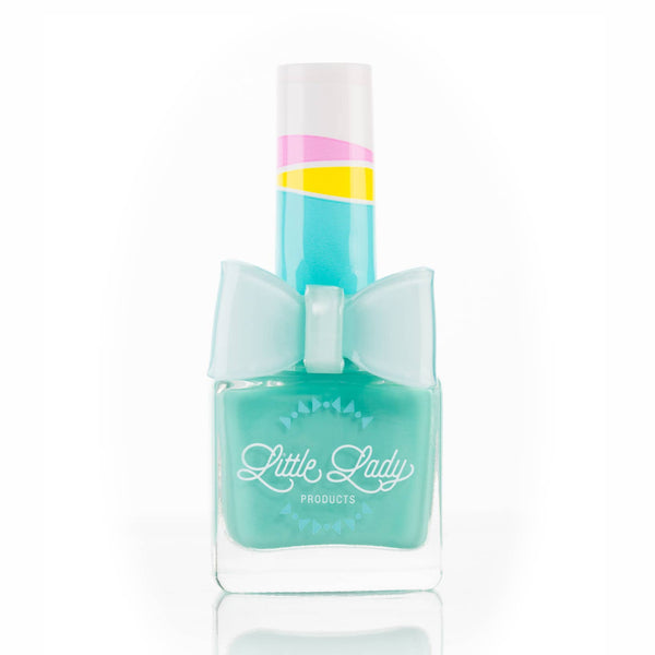 Turquoise nail polish bottle with a bow and 'Little Lady' branding on a white background