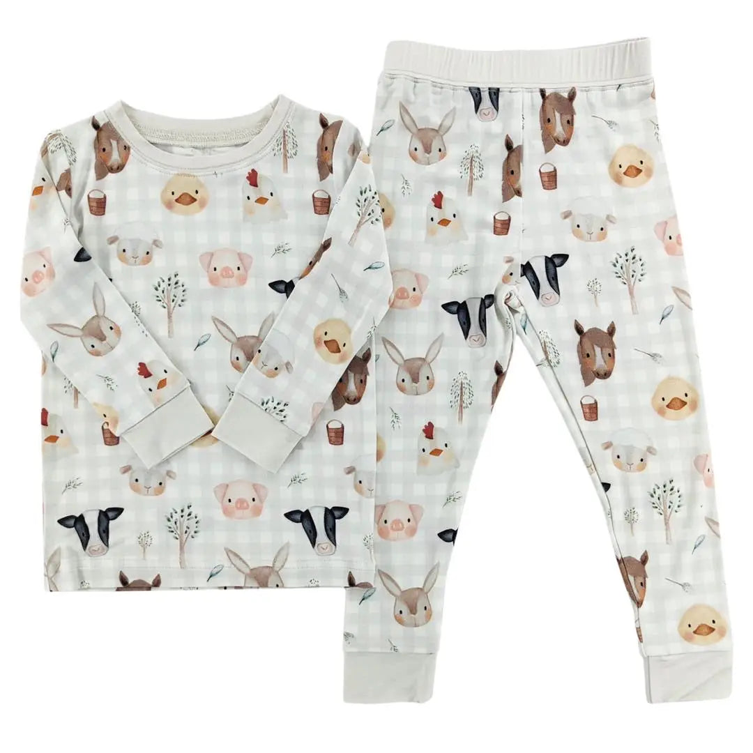 spring baby farm animals on light gingham pattern pajamas