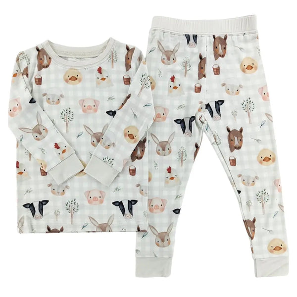 spring baby farm animals on light gingham pattern pajamas