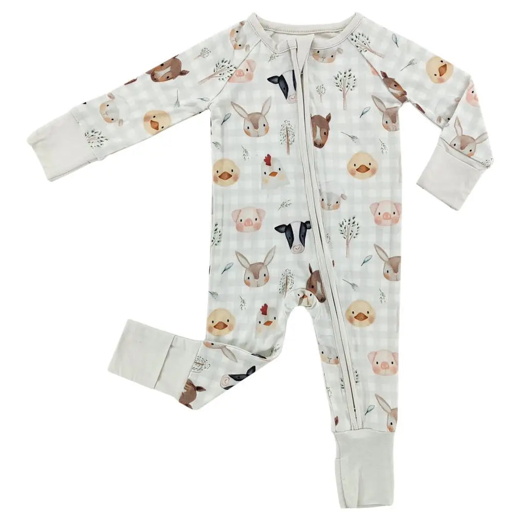 springtime baby animals on light gingham sleeper onesie