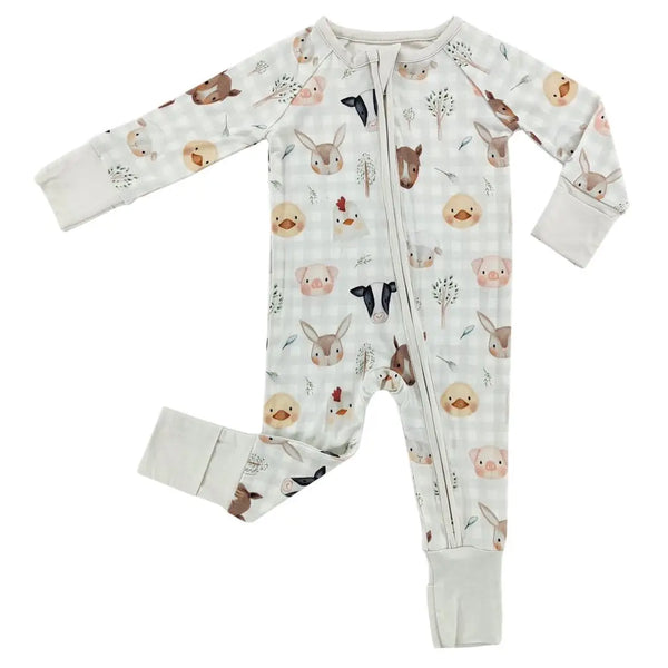 springtime baby animals on light gingham sleeper onesie