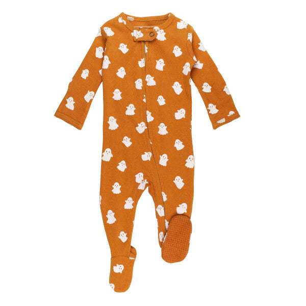 Orange baby onesie with white ghost pattern on a white background