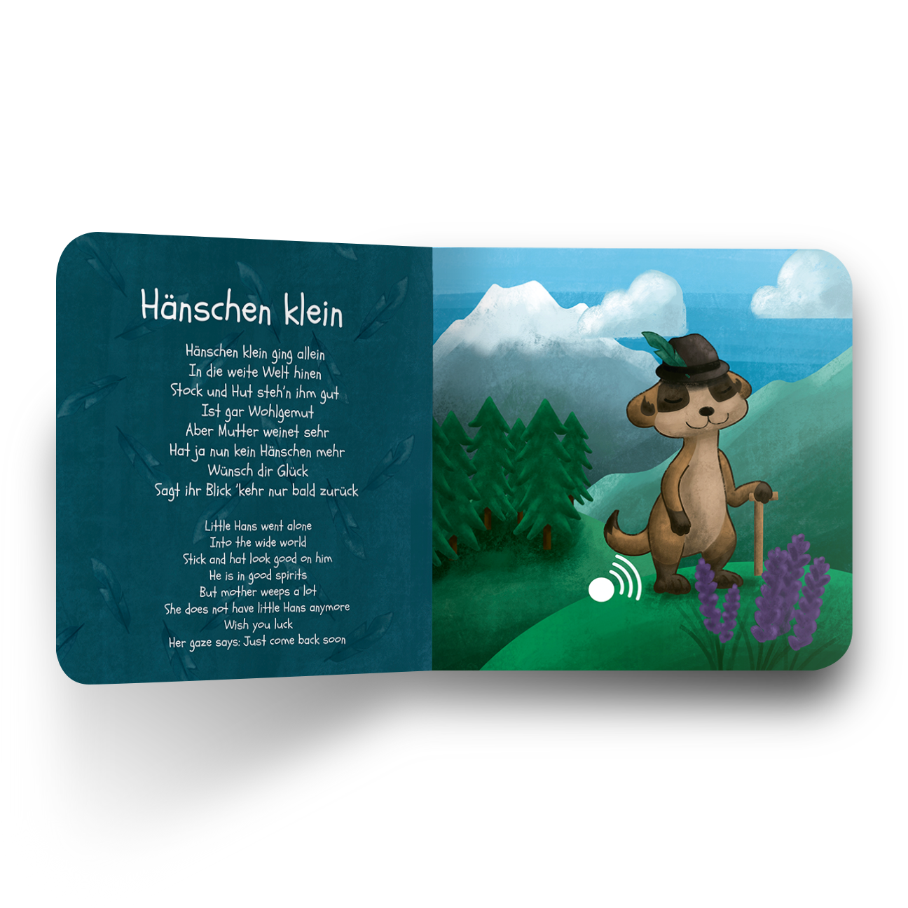Children's book page with a bear character and German text on a green background