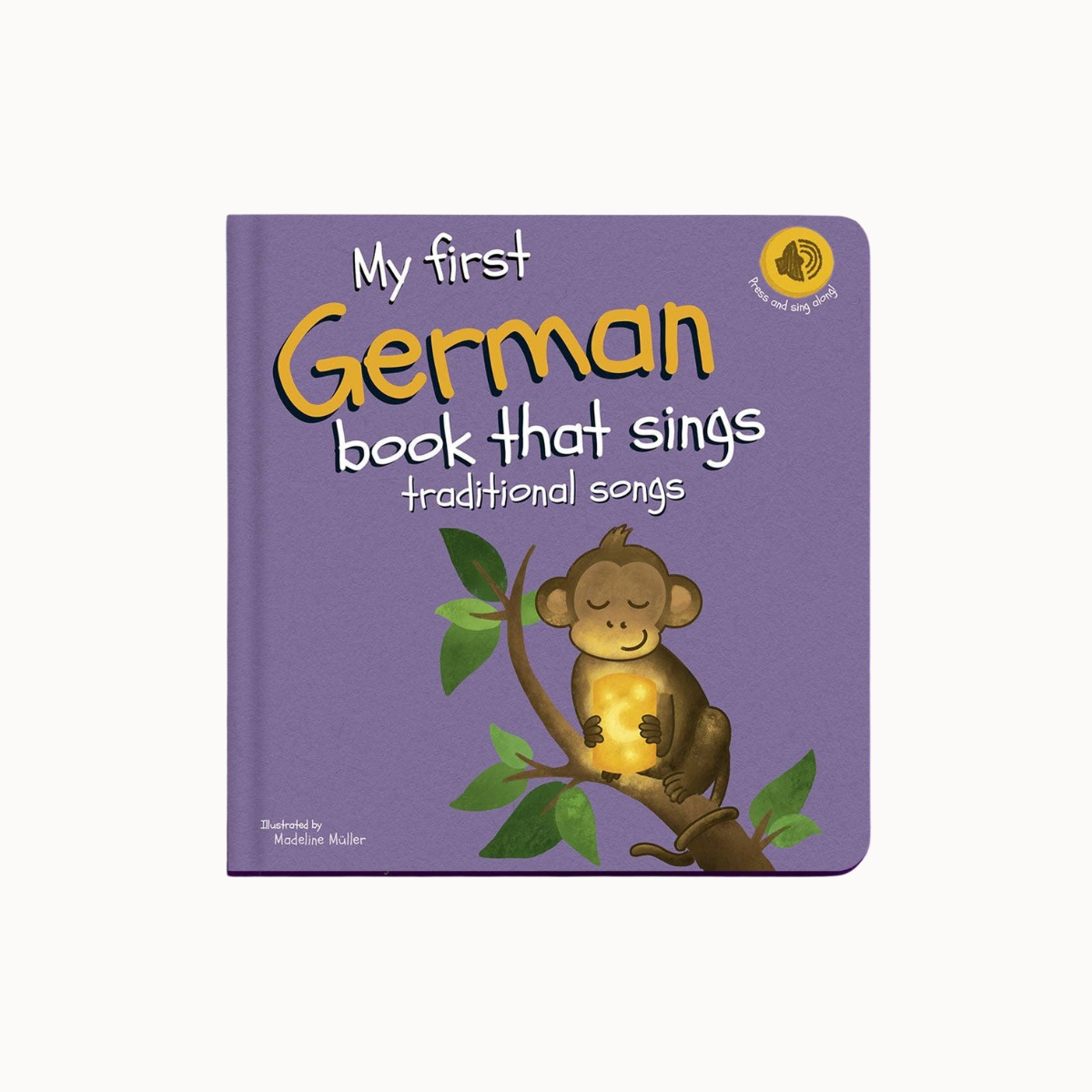 My first German book that sings traditional songs children's board book with a purple cover, featuring a cartoon monkey on a branch and yellow title text.